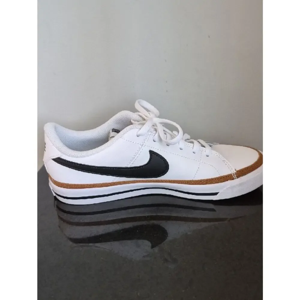 Nike Boy's Size 5Y White Sneakers with Black Swoosh and Brown Accent